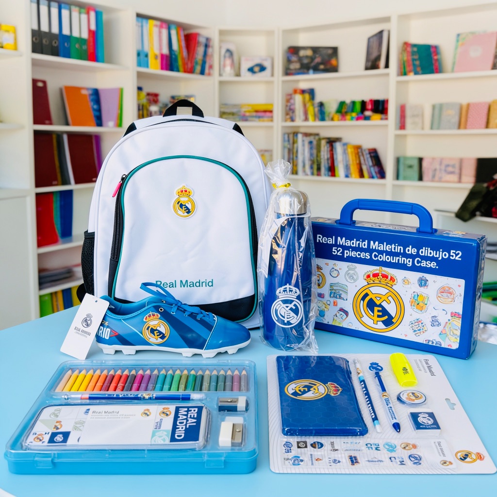 Set completo Real Madrid — mochila, estuche, botella y maletín de dibujo